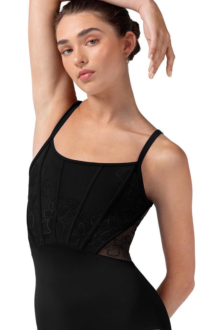 Bloch Mia Black Embroidered Corset Camisole Leotard